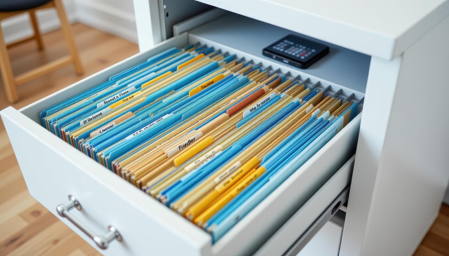 Open filing cabinet drawers display files organized by type, date, and category, with evenly aligned folders for quick access. photo