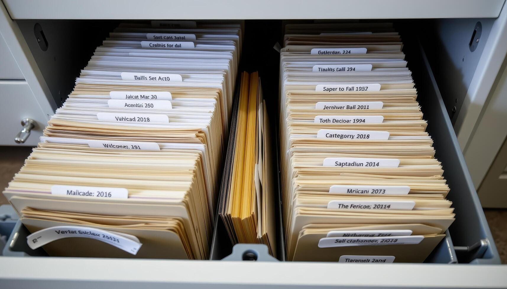 Open filing cabinet drawers display stacked documents organized by category and date, with labeled folders providing structure. photo