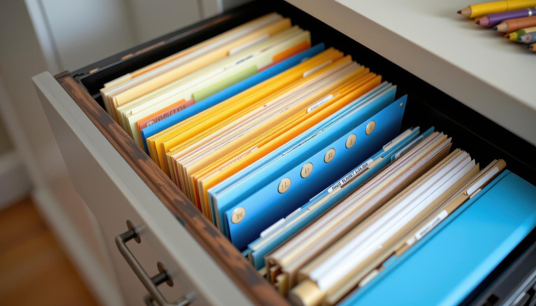 Open filing cabinet drawers contain papers arranged methodically, with dividers and color coded tabs maintaining clarity. photo