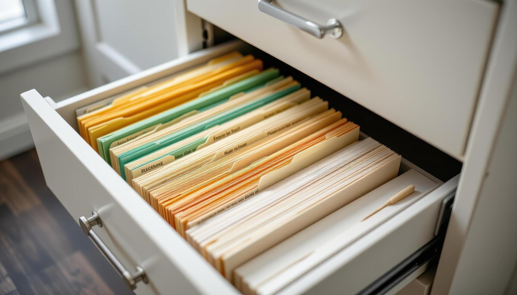 Open filing cabinet drawers showcase organized documents, with labeled folders and evenly stacked papers for a tidy appearance. photo