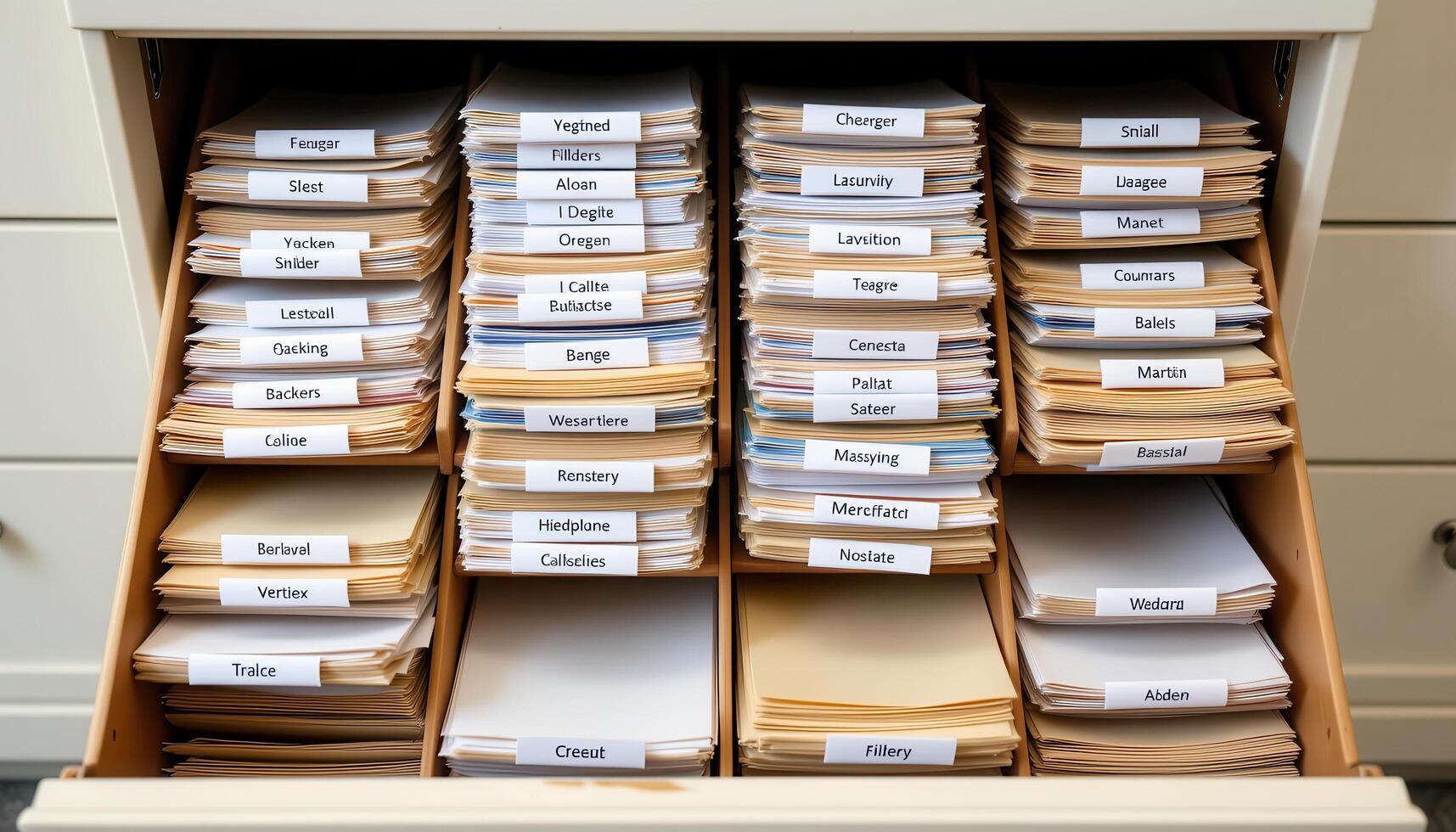 Open filing cabinet drawers contain papers arranged methodically, with labeled folders and evenly spaced stacks maintaining order. photo