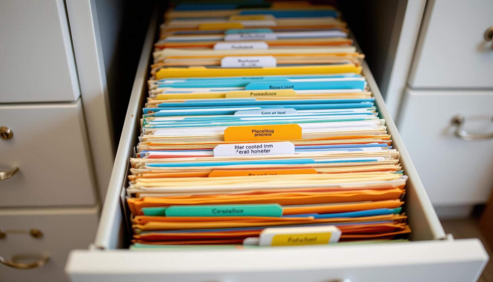 Open filing cabinet drawers showcase files stacked neatly, with tabs, dividers, and labels creating a professional filing system. photo
