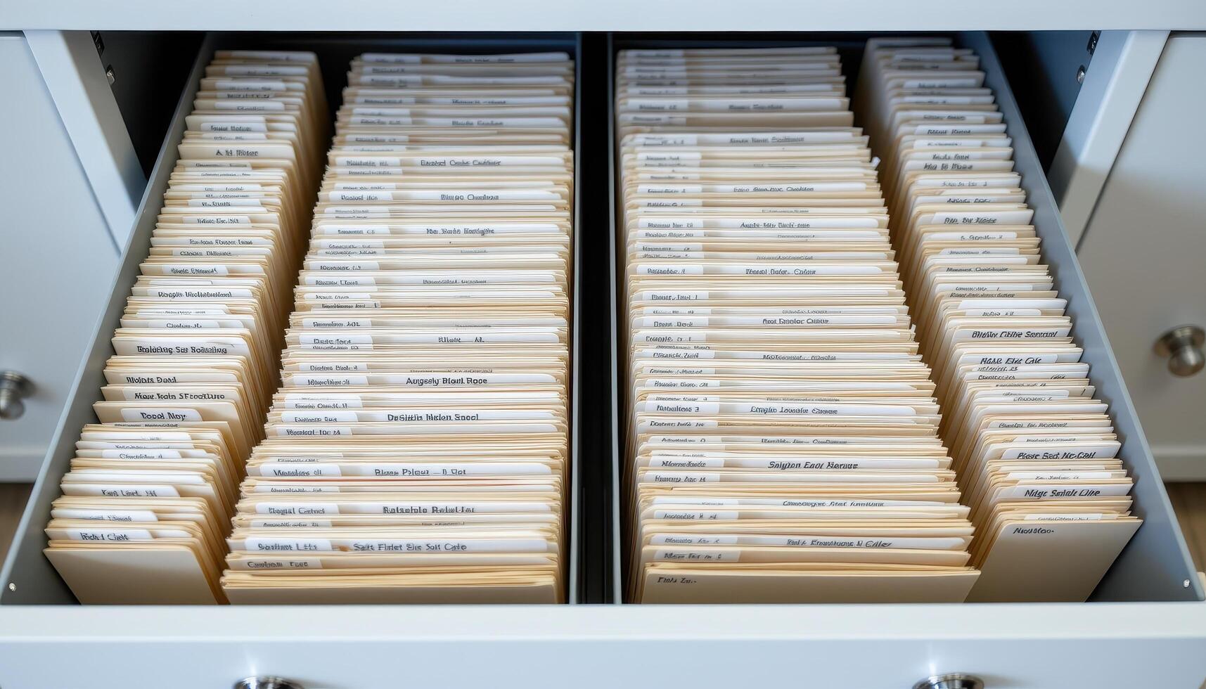 Open filing cabinet drawers contain documents arranged in orderly rows, with each folder labeled and aligned perfectly. photo