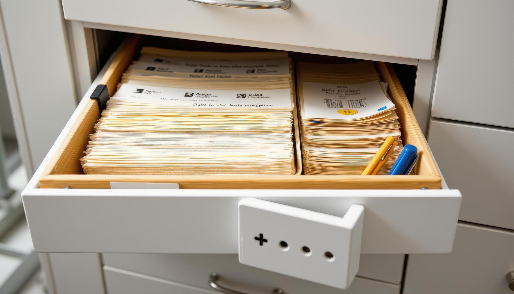 Open filing cabinet drawers showcase documents arranged systematically, with folders stacked evenly and labeled clearly. photo