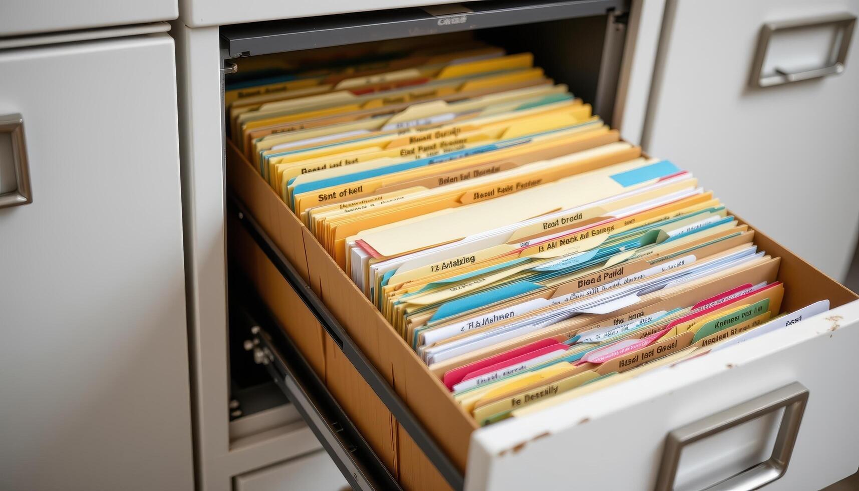 Open filing cabinet drawers hold papers stacked systematically, with labeled folders and color coded tabs ensuring clarity. photo