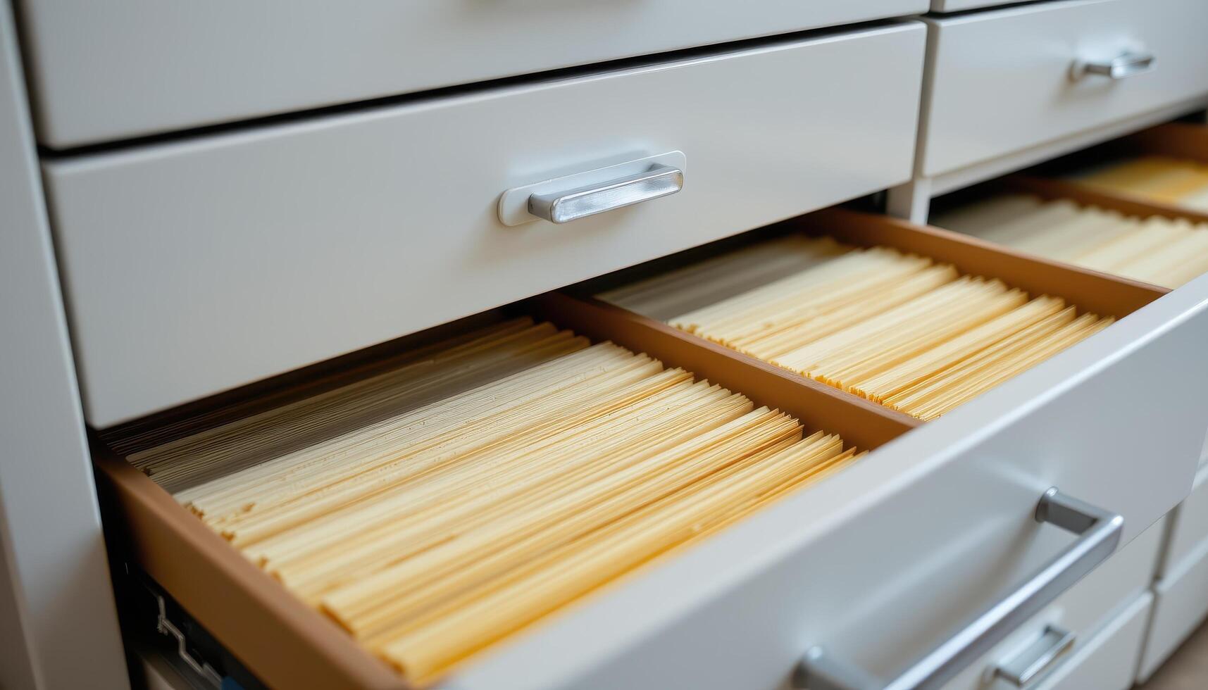Open filing cabinet drawers reveal neatly organized documents, each folder labeled clearly and arranged in perfect order under soft overhead lighting. photo