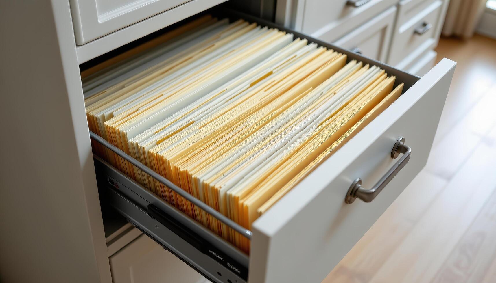 Open filing cabinet drawers hold organized files, with each folder carefully positioned to maintain a tidy and functional workspace. photo