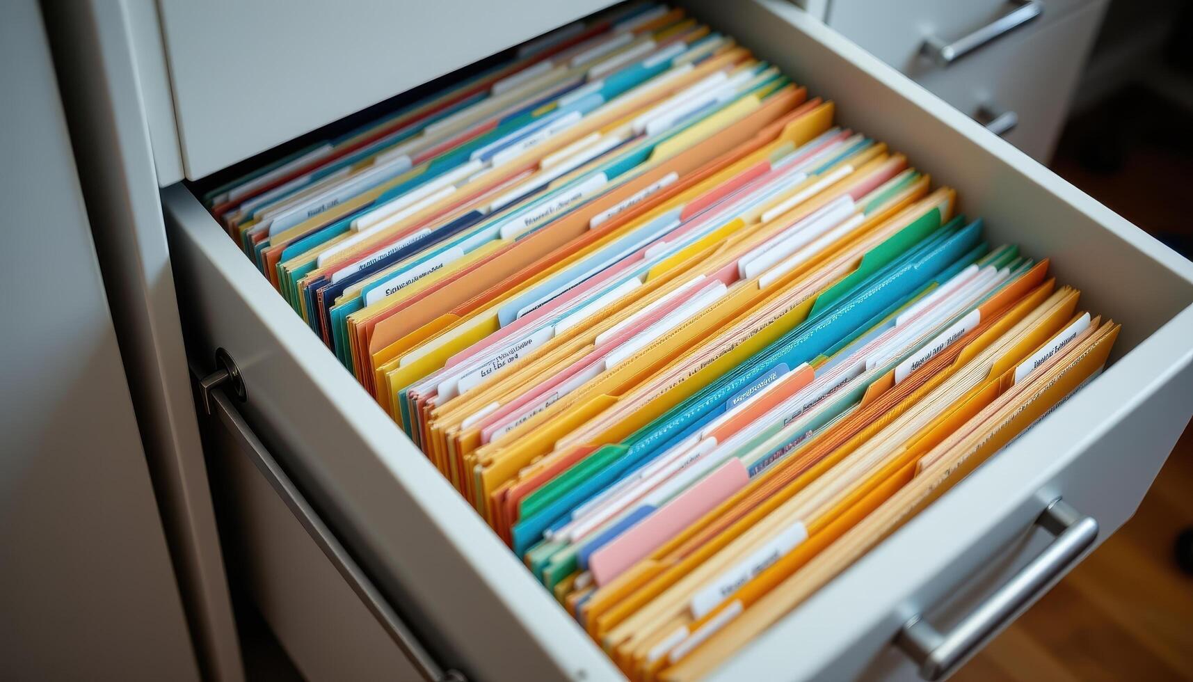 Open filing cabinet drawers contain documents sorted into folders, each labeled and color coded for easy organization. photo