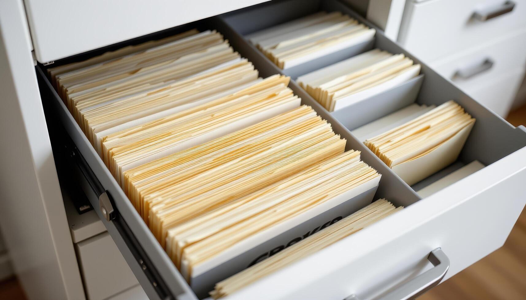 Open filing cabinet drawers display organized papers, each folder placed precisely for a tidy and efficient system. photo