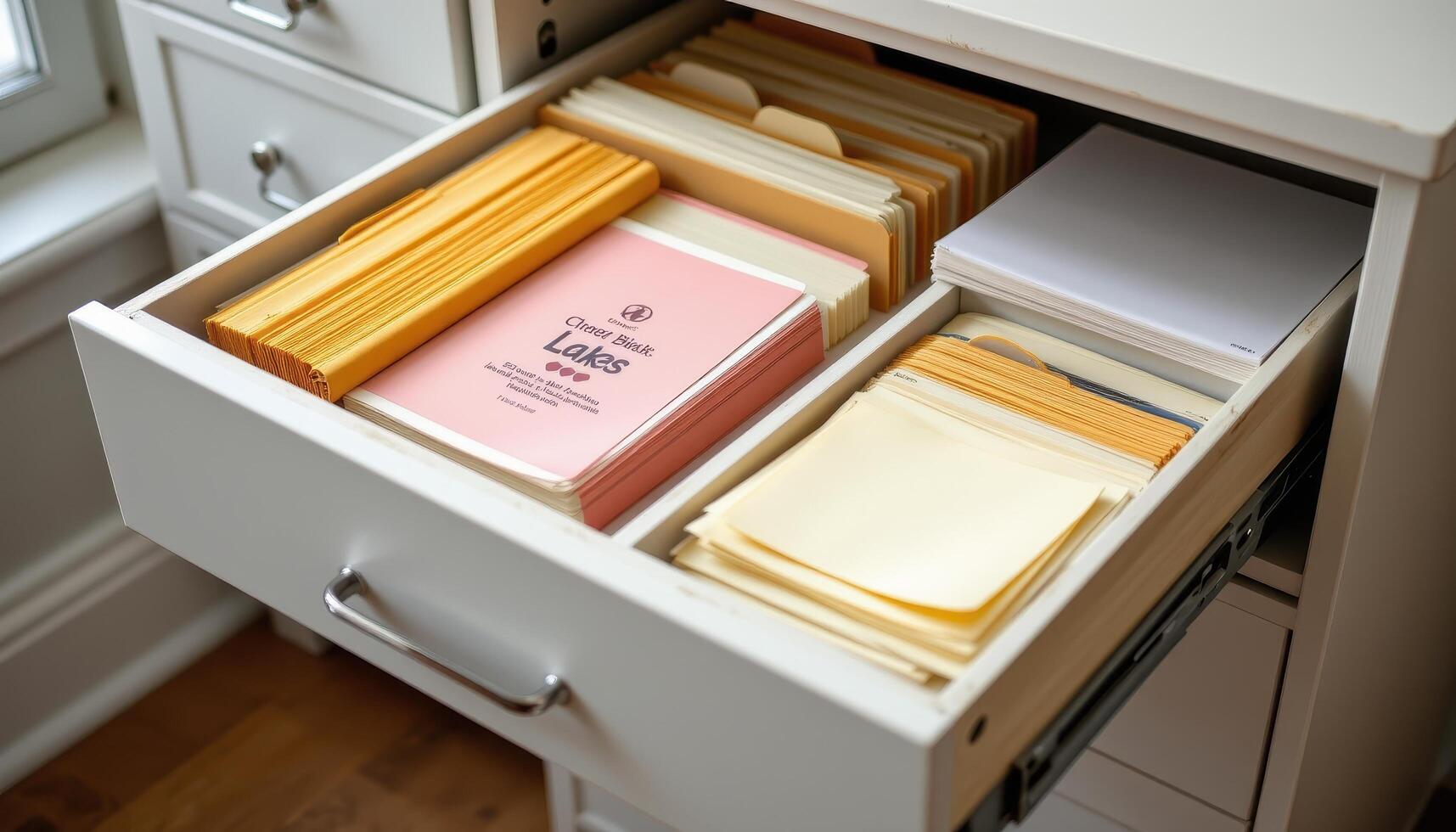 Open filing cabinet drawers keep paperwork orderly, with labeled folders and neatly stacked documents in each drawer. photo