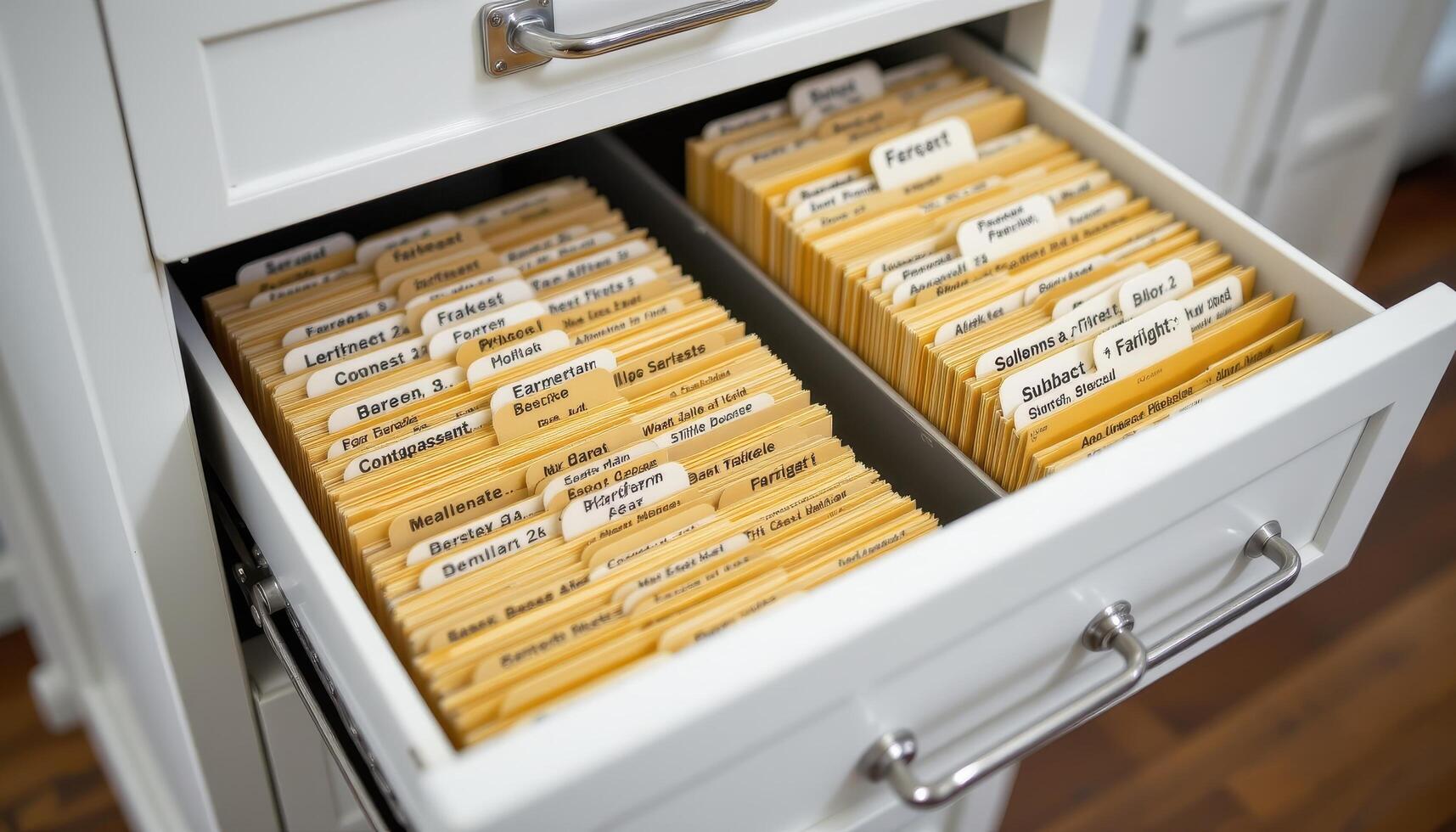 Open filing cabinet drawers display files organized by subject and date, with labeled folders and consistent alignment. photo