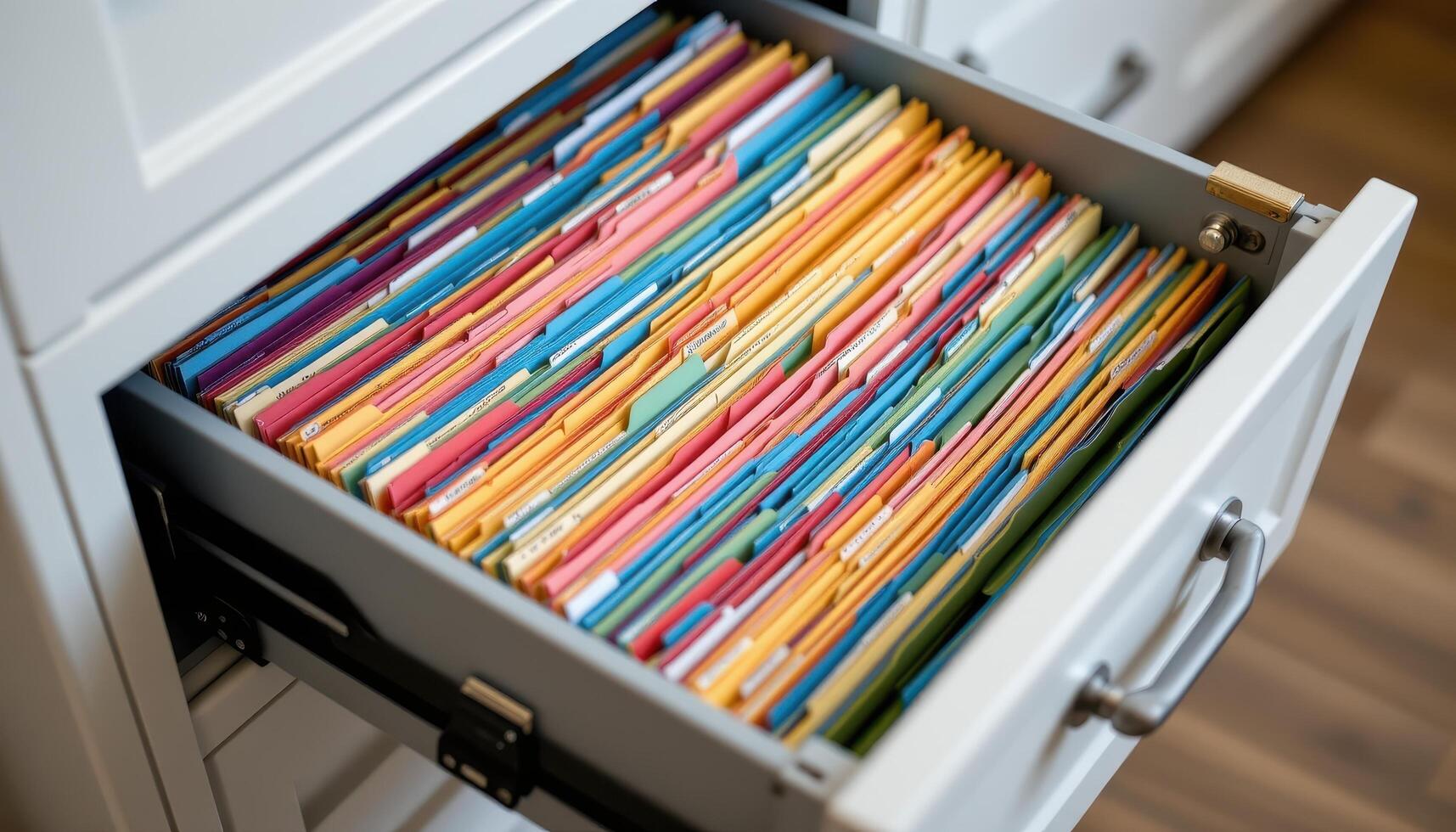 Open filing cabinet drawers reveal papers arranged methodically, with color coded folders and labeled tabs providing structure. photo