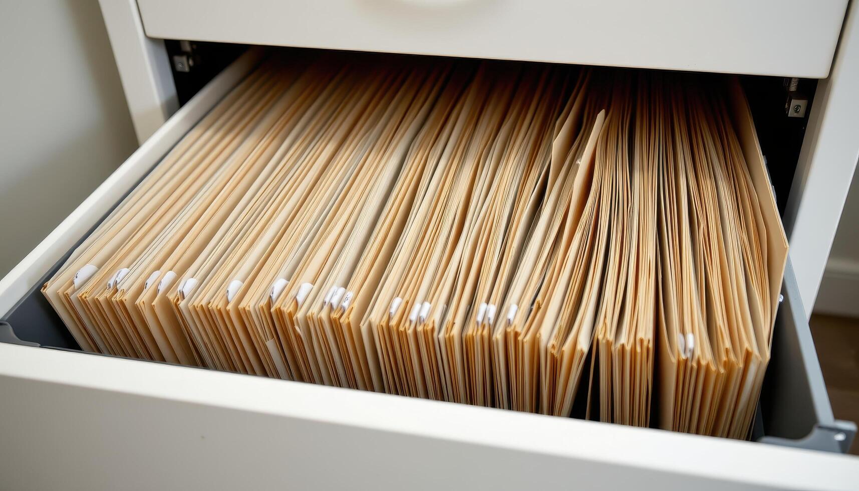 Open filing cabinet drawers contain files positioned carefully, each folder labeled and stacked evenly for efficient access. photo