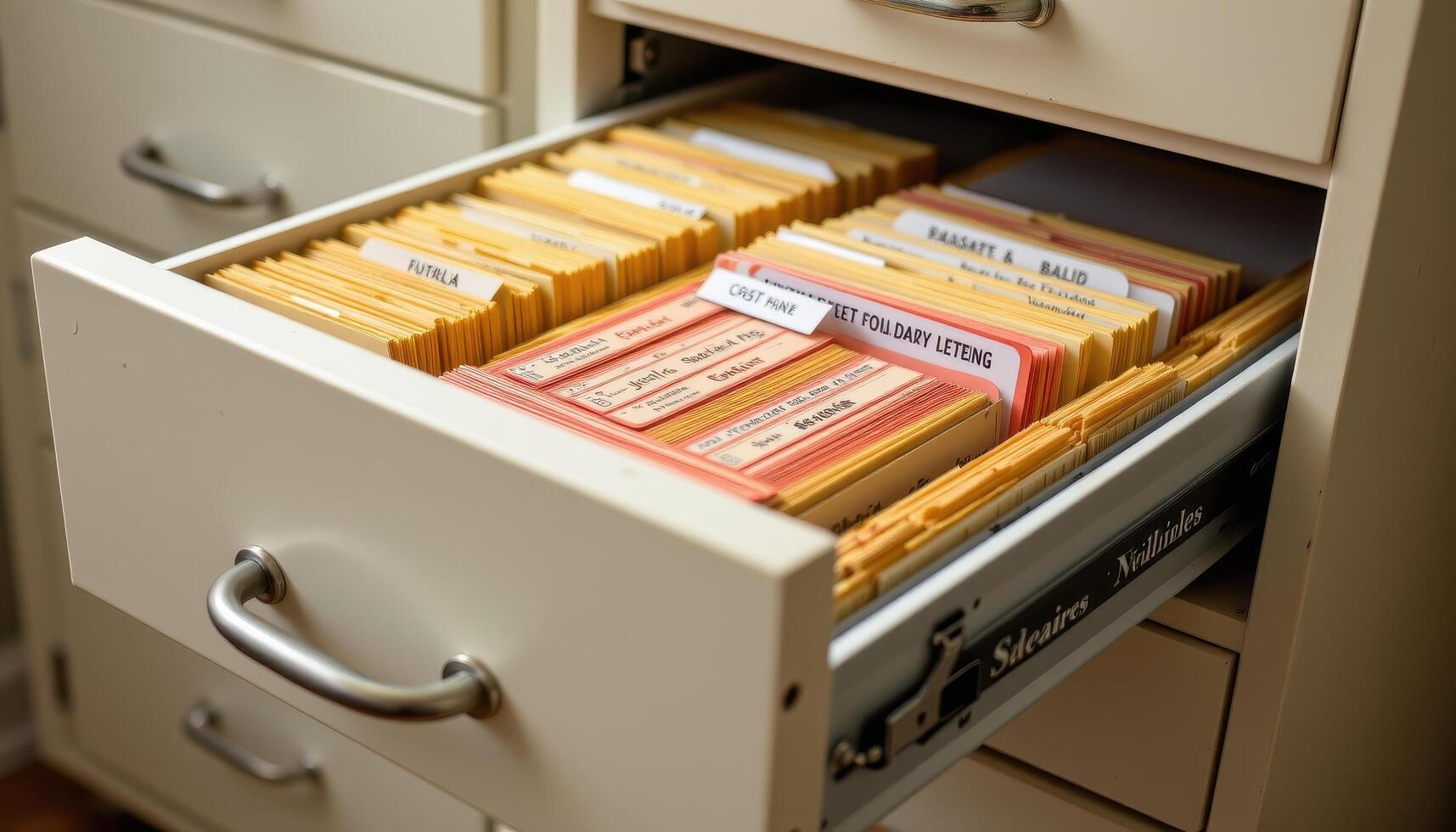 Open filing cabinet drawers reveal files stacked neatly, each folder aligned and labeled systematically for efficiency. photo