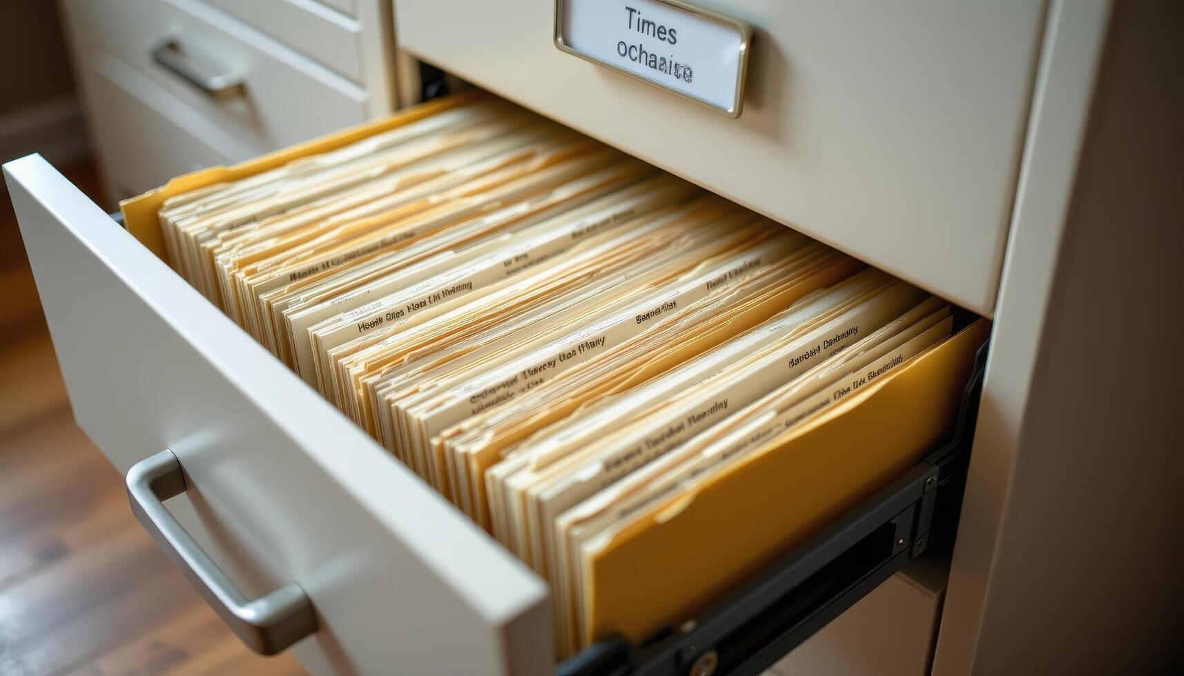 Open filing cabinet drawers hold meticulously arranged documents, with papers stacked evenly in labeled folders. photo