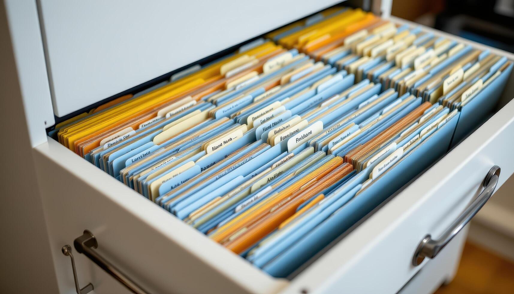 Open filing cabinet drawers contain organized files, each folder aligned evenly with labeled tabs for clarity. photo