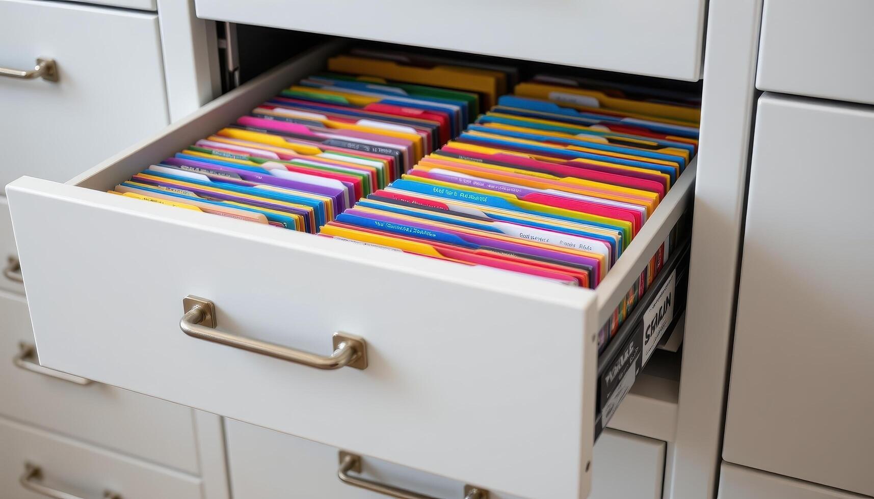 Open filing cabinet drawers reveal files positioned precisely, each folder color coded and labeled for easy access. photo