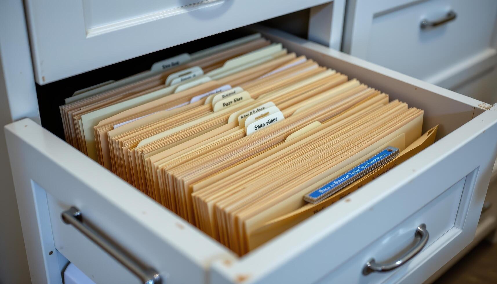 Open filing cabinet drawers hold papers stacked evenly, each folder labeled clearly and arranged for quick access. photo