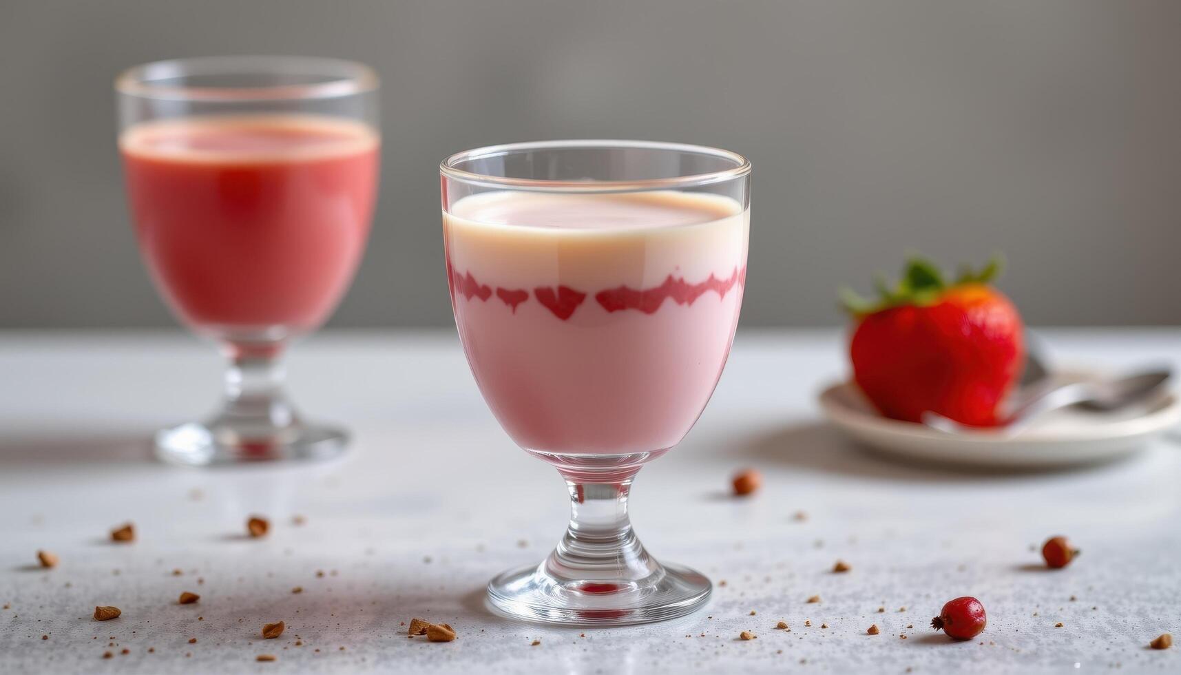 A mousse in a glass cup displays a fine gradient of color from top to bottom, creating a rich visual effect through the glass. photo