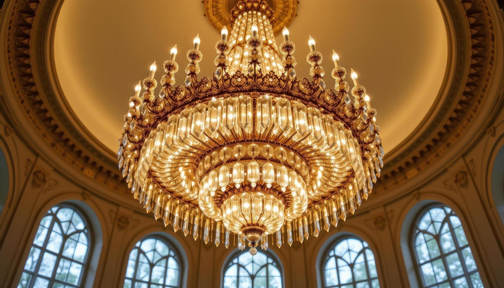A grand crystal chandelier glows in a circular room, the symmetrical design amplifying its shimmering effect. photo