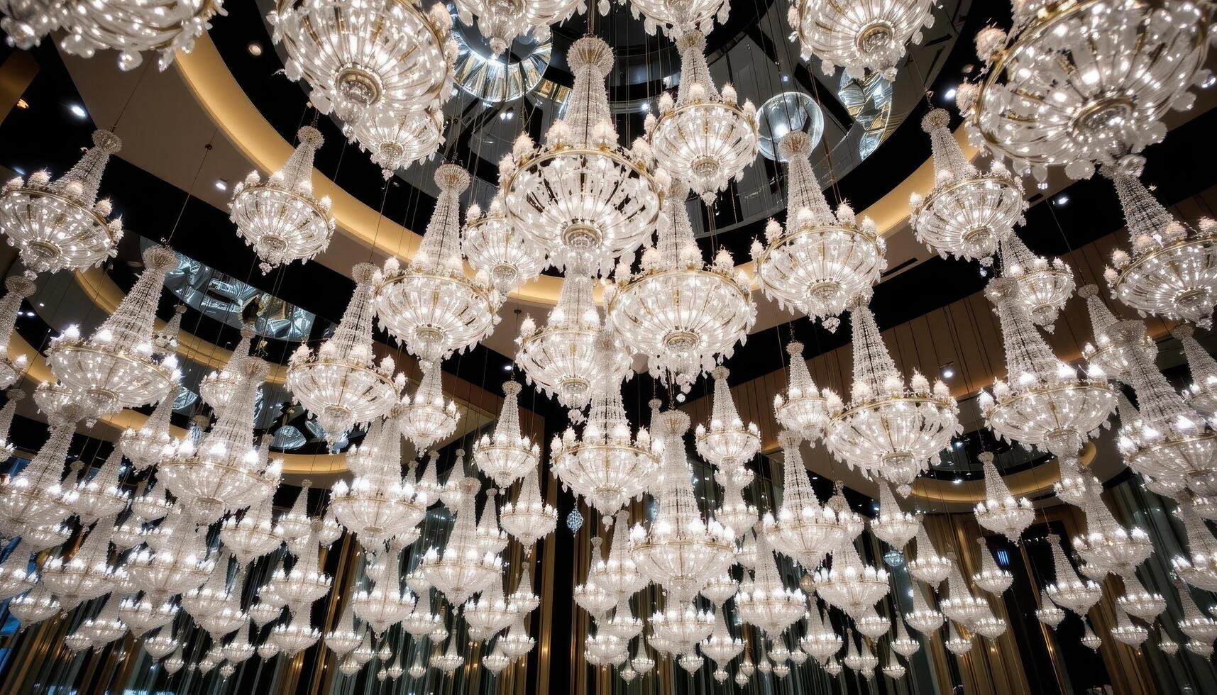 Crystal chandeliers suspended in tiers reflect off mirrored surfaces, filling the space with infinite patterns of light. photo
