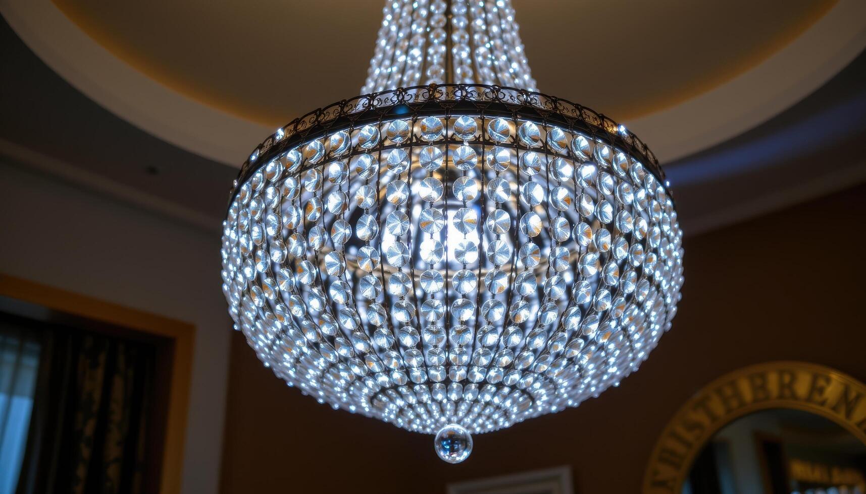 A chandelier made of hundreds of tiny crystal beads sparkles under white light, creating a dazzling visual effect. photo