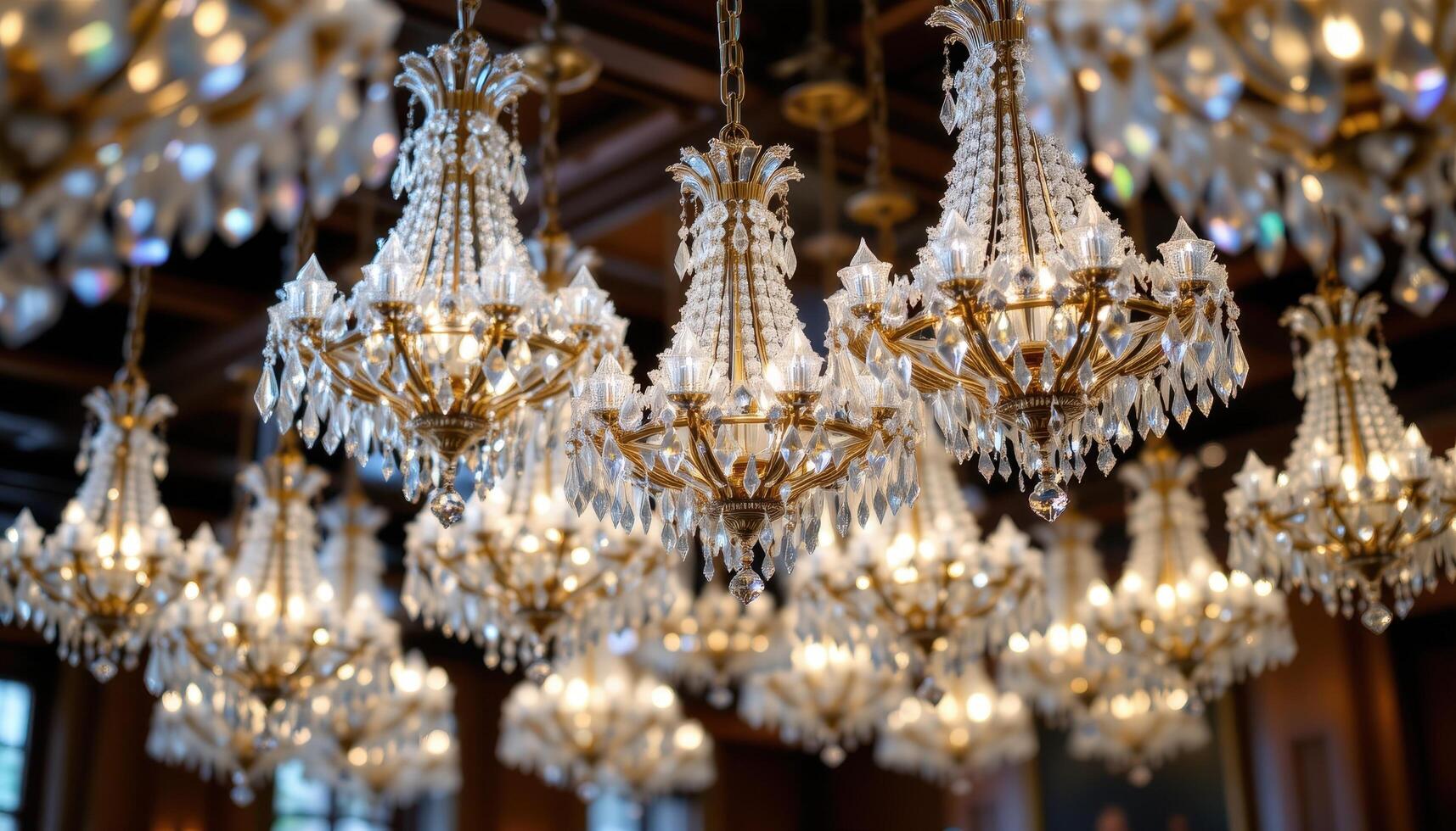 Rows of crystal chandeliers glow softly, their delicate prisms refracting light into intricate geometric patterns. photo