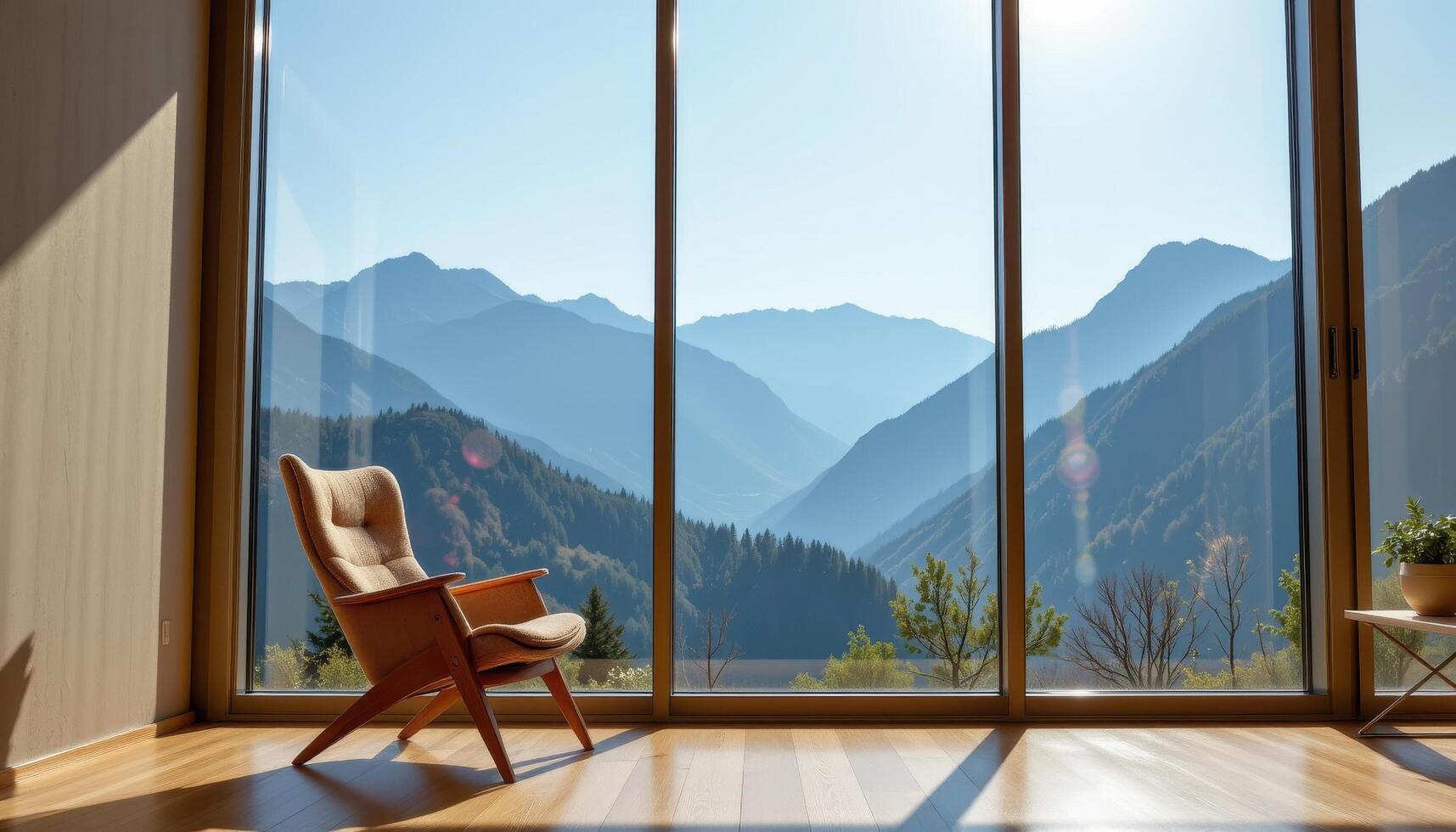 A chair is placed in front of a large window, overlooking the mountain view, with sunlight refracting gently through the glass to warm the floor. photo