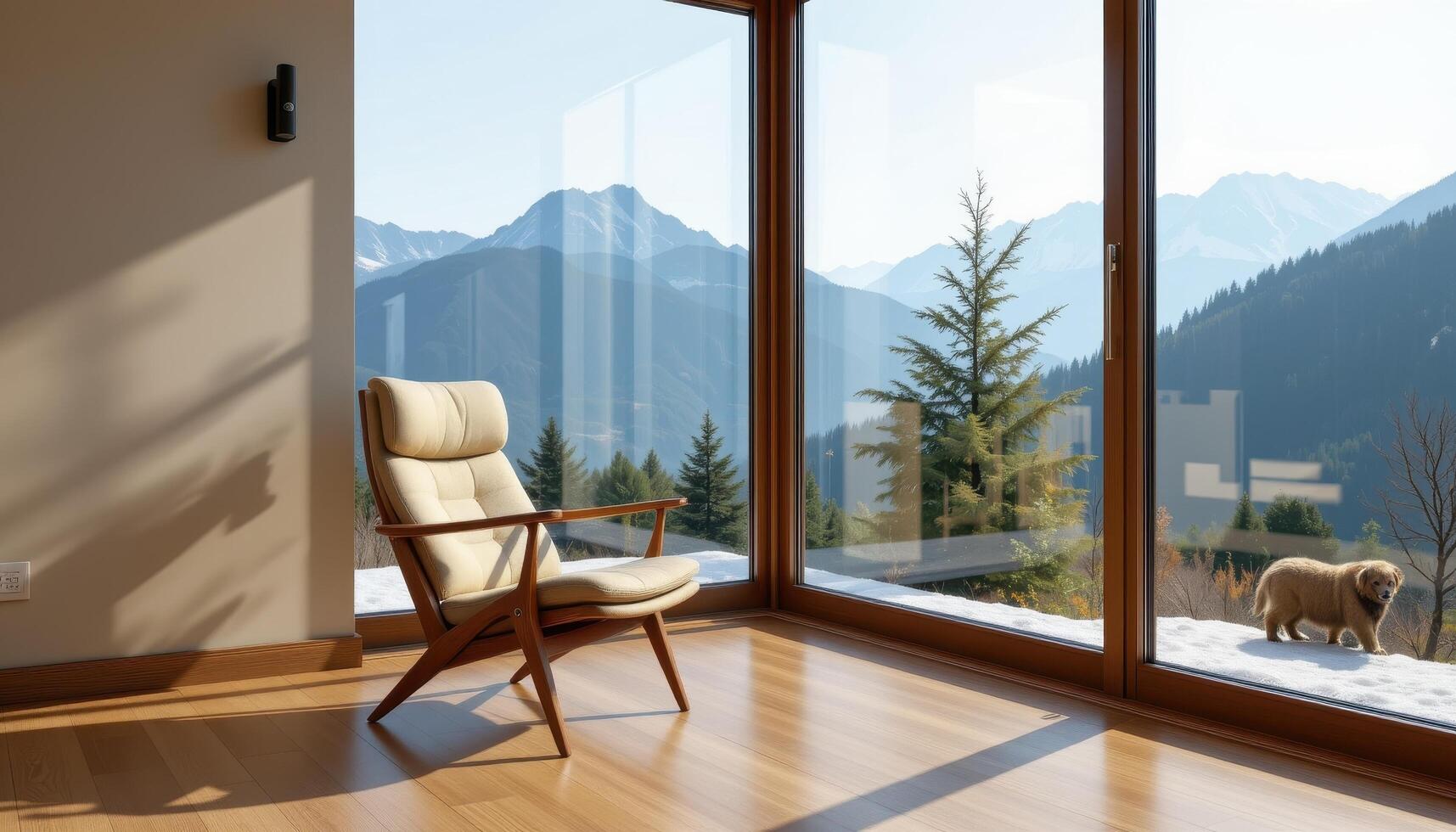 A chair is placed in front of a large window, overlooking the mountain view, with sunlight streaming gently through the glass and casting soft shadows on the polished wooden floor. photo