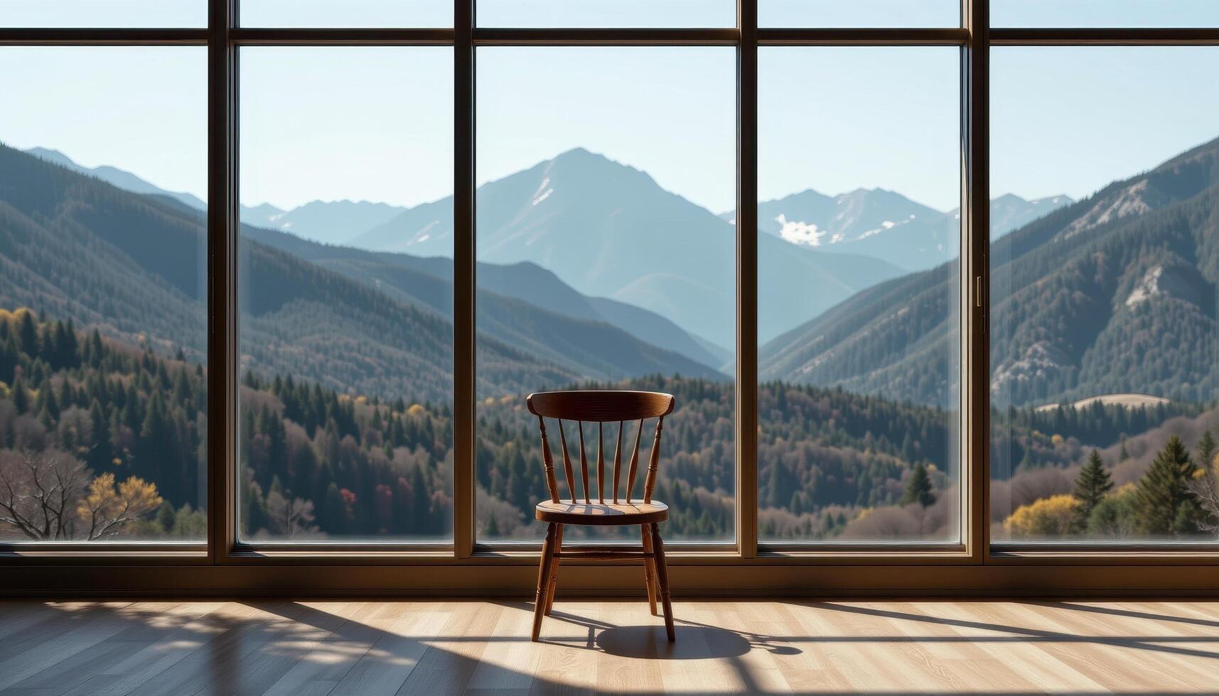 A chair is placed in front of a large window, overlooking the mountain view, with shadows from the frame casting patterns on the floor. photo