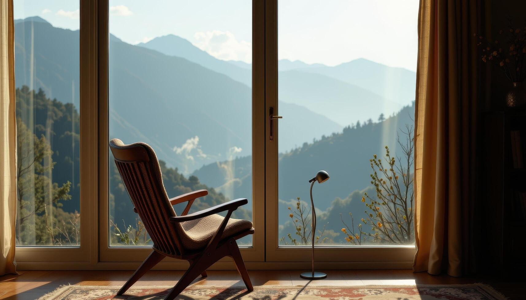 A chair is placed in front of a large window, overlooking the mountain view, as faint sunlight filters through morning mist. photo