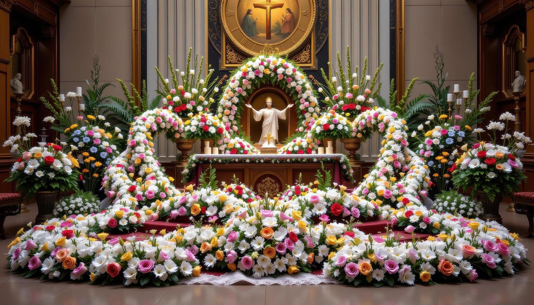 Flowers draped elegantly over the altar, arranged in cascading layers and surrounding sacred objects, no people, no animals. photo