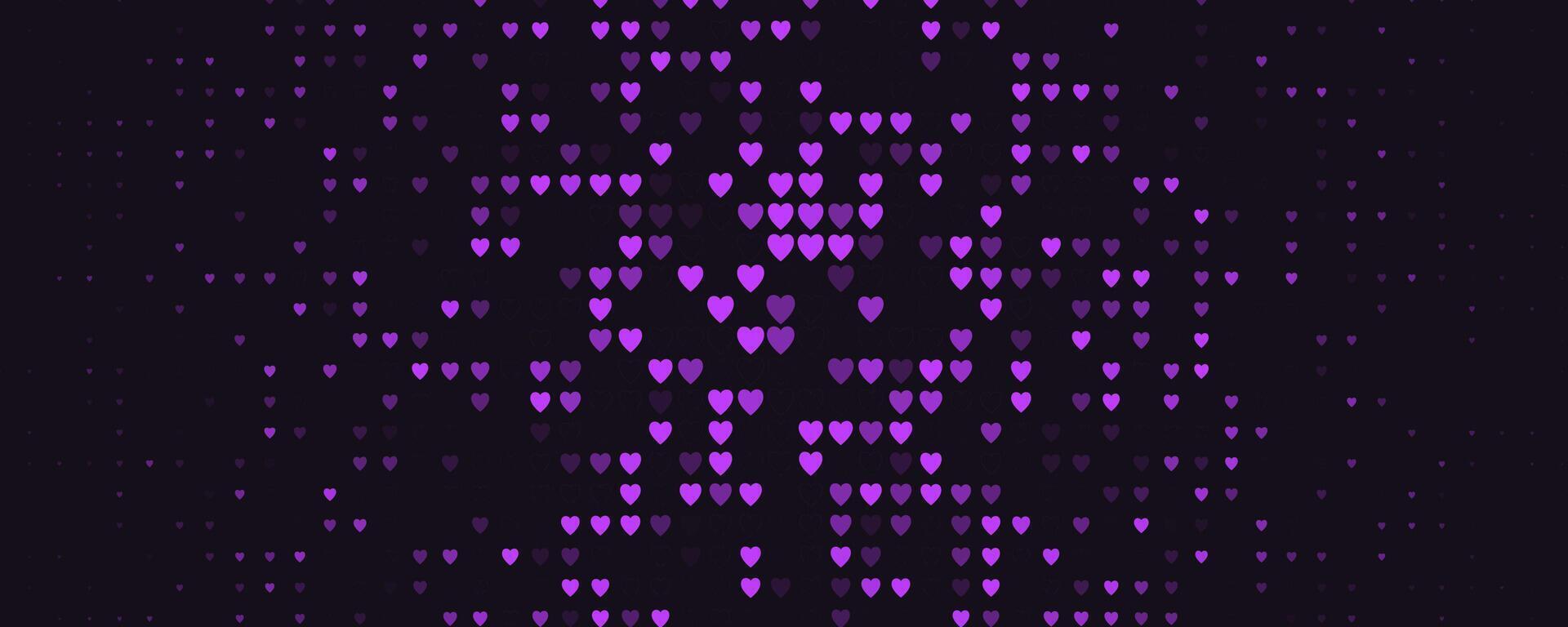 Glowing purple heart pattern, digital love abstract pixel grid. Romantic mood backdrop, passion, emotion, night tech background for events, apps, web. Magenta Neon pixel art illustration vector