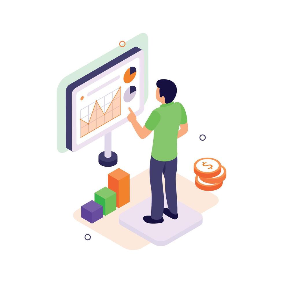 Man analyzing data on a computer screen vector