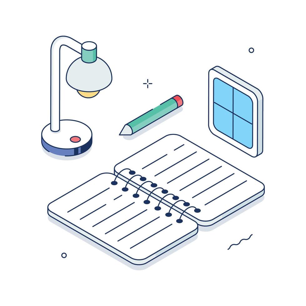 isométrica ilustración de un lámpara, computadora portátil, y lápiz para deberes hora vector