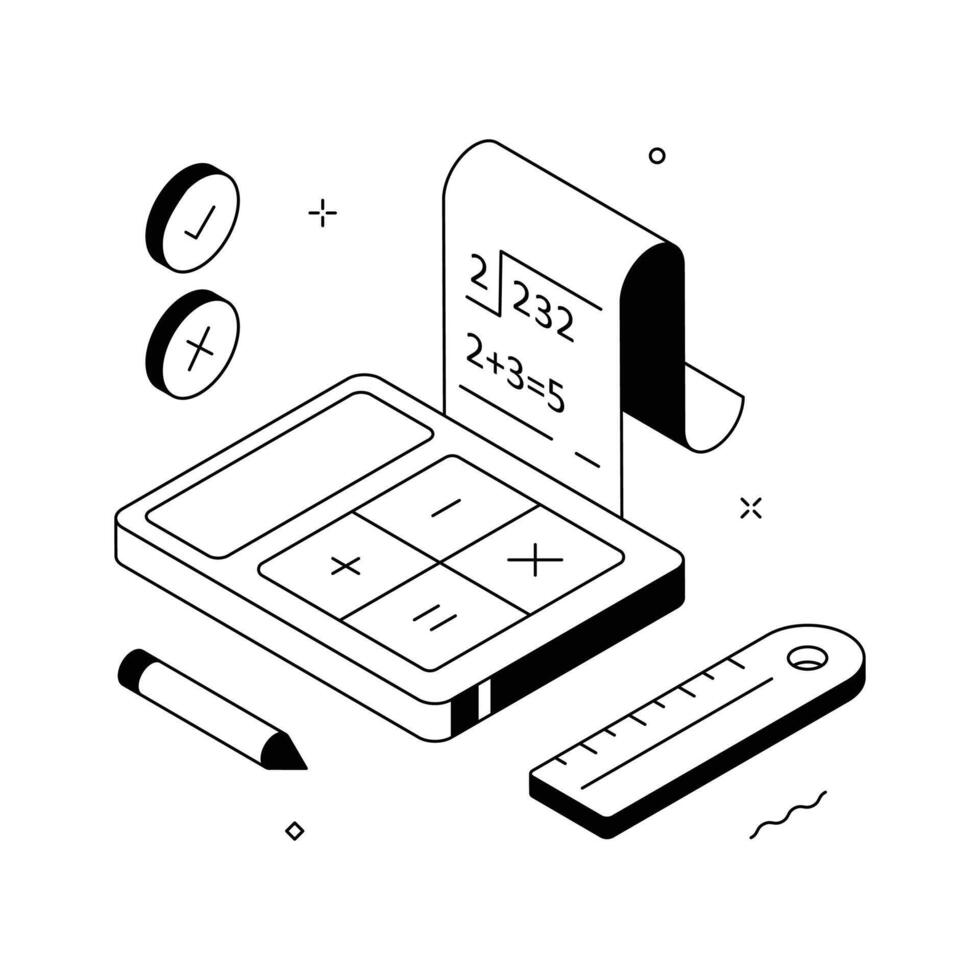 Isometric design featuring calculator, ruler, and math sheet for students. vector