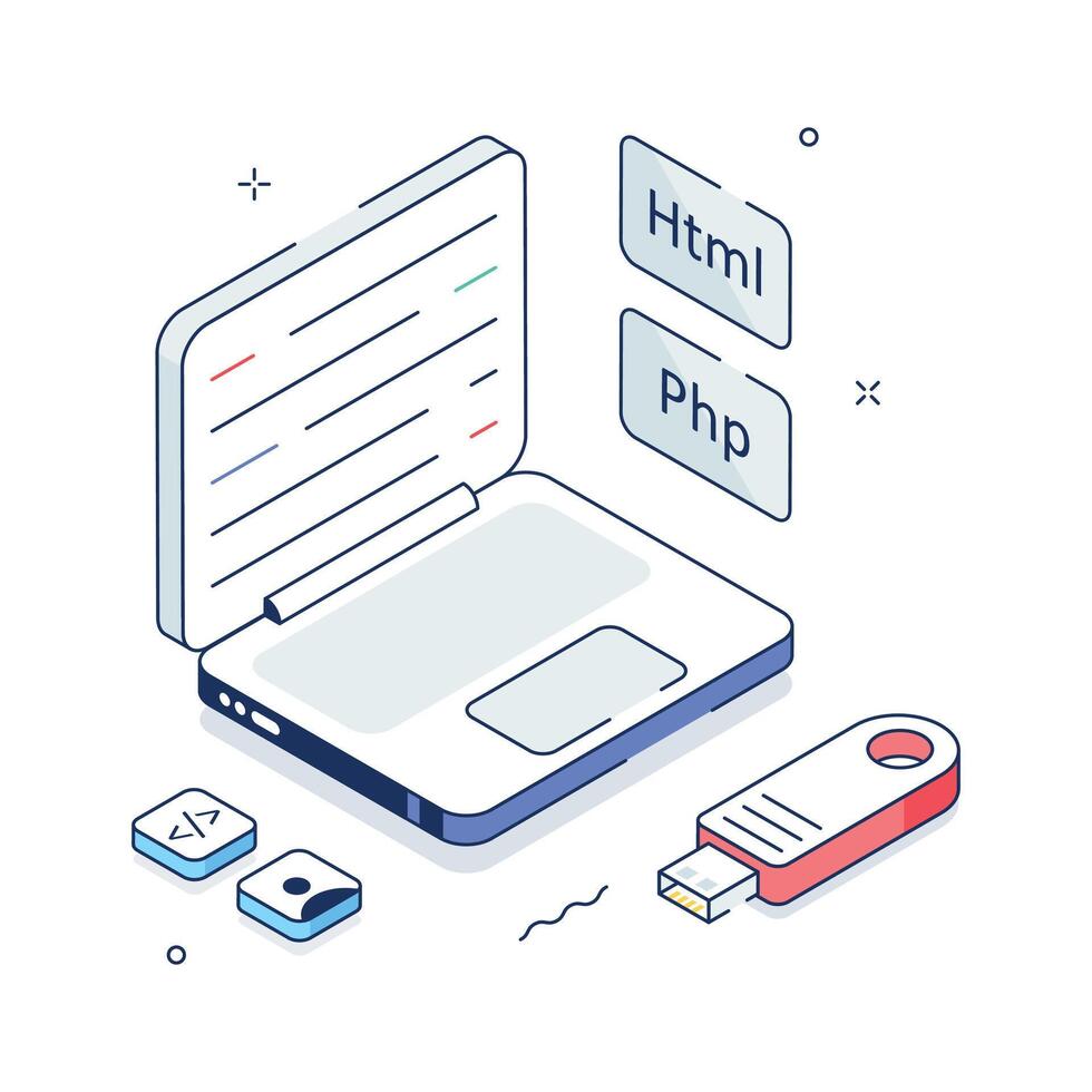 Modern isometric illustration of laptop and USB showing programming education vector
