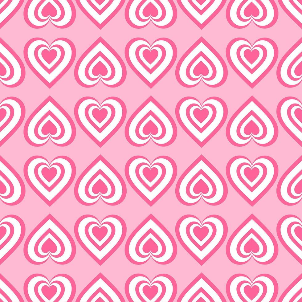 Seamless pattern of pink and white heart shapes with concentric lines. Ideal for romantic themes such as Valentine's Day, invitation cards, backgrounds, packaging, or fabric patterns. vector