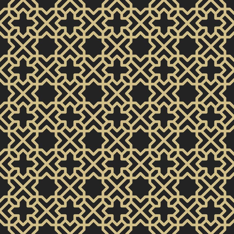 Seamless Islamic pattern consisting of interlocking and crossing golden lines on a matte black background. Suitable for various creative projects or decorative elements. vector
