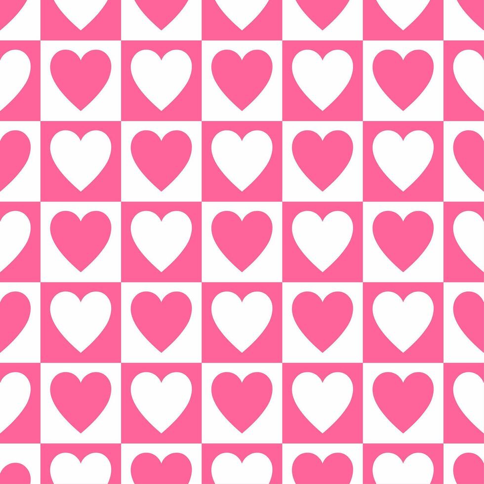 A seamless pattern with interlocking pink and white hearts, arranged in a checkered style. Ideal for romantic themes such as Valentine's Day, invitations, backdrops, packaging, or fabric patterns. vector