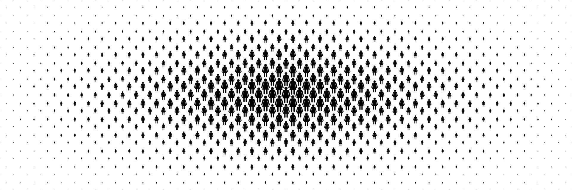horizontal black halftone of woman icon spreading from center on white for pattern and background. vector