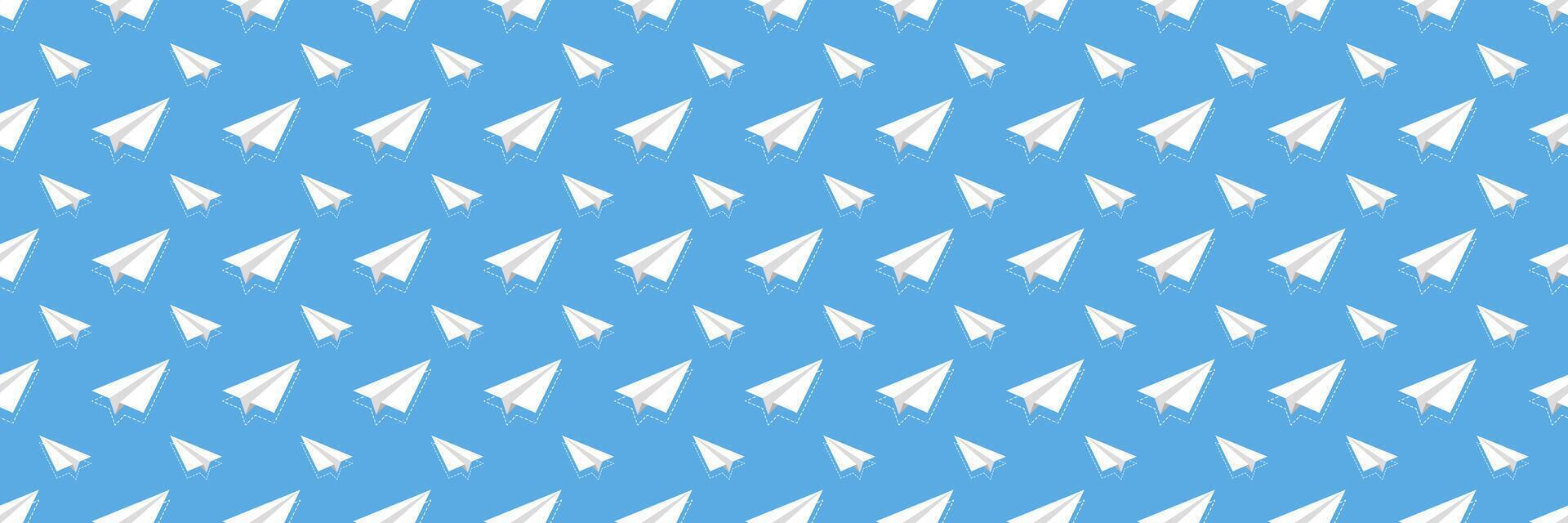 horizontal seamless white paper plane with dashed line shadow on blue pattern for design and background. vector