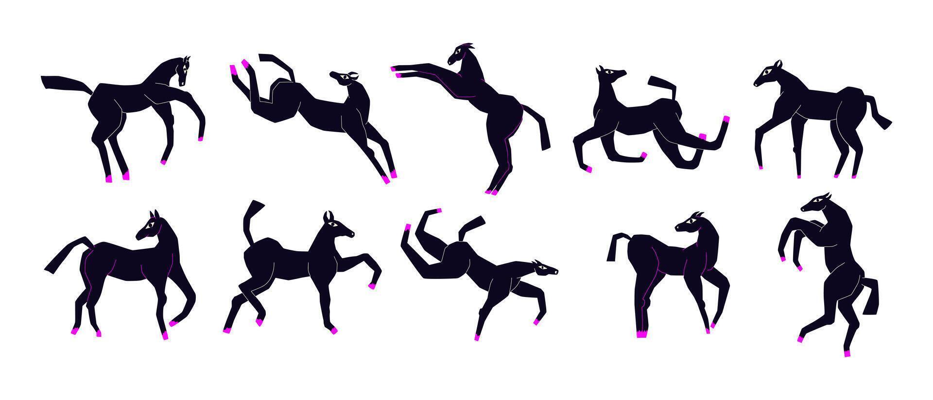 Stylish hand drawn featuring playful cartoon horses in various dynamic poses. Modern groovy design, bright accent detail, and expressive character movement. illustration for stickers, pattern. vector