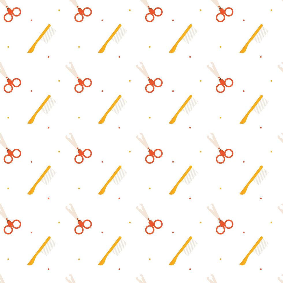 Minimal grooming seamless pattern with scissors, combs, tiny dots for textiles and wrapping vector