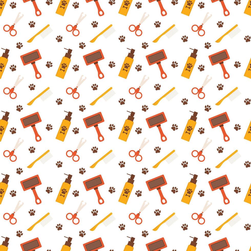 Pet grooming seamless pattern with slicker brush, shampoo bottle, scissors, comb, paw prints for textiles. vector