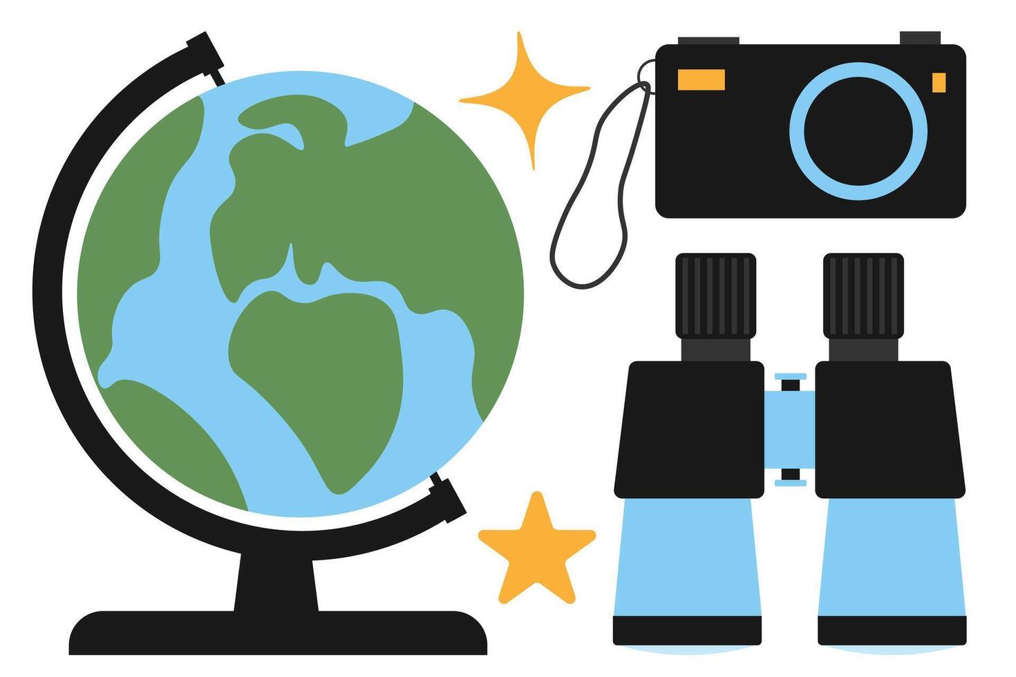 Globe, camera, and binoculars illustration vector