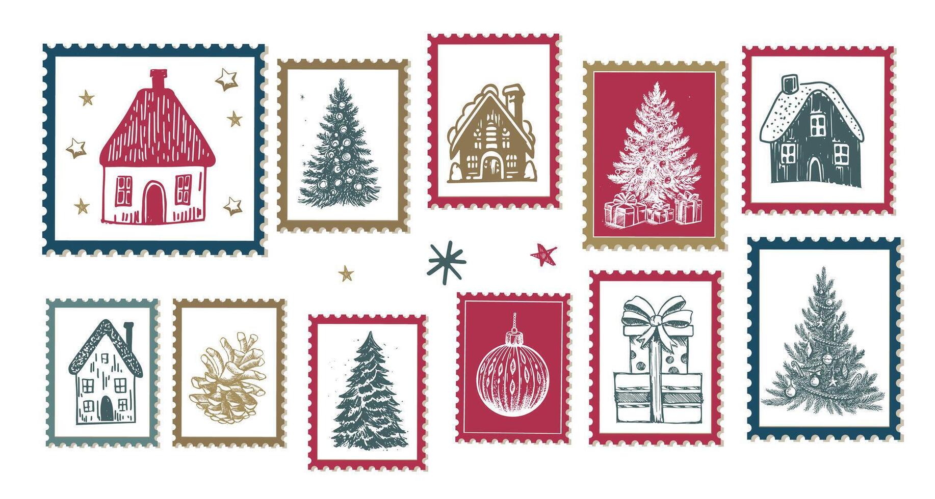 Advent calendar with house and tree on white, hand-drawn illustrations vector