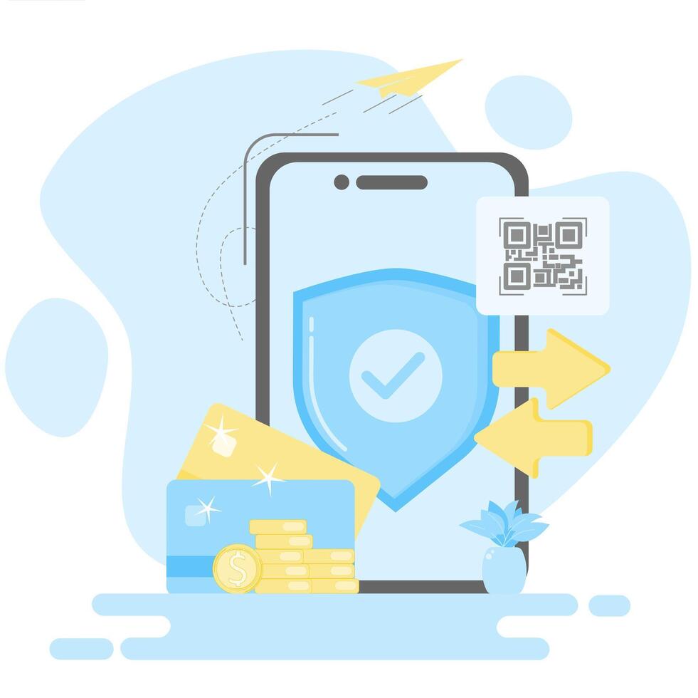Cashless Transaction Protection via Mobile and QR Code vector