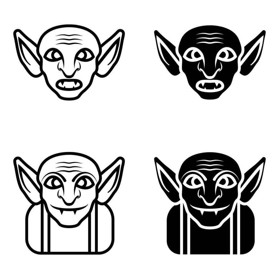 Goblin icon set. This illustration features a minimalist design of a Goblin face in both line art and solid fill styles. The character design includes pointed ears, fangs, and a sinister expression. vector