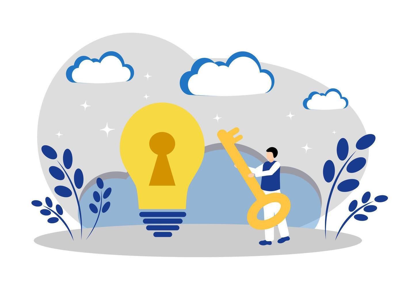 A light bulb, a keyhole and a key. The concept of a new idea, the key to success, creative thoughts and scientific discoveries vector